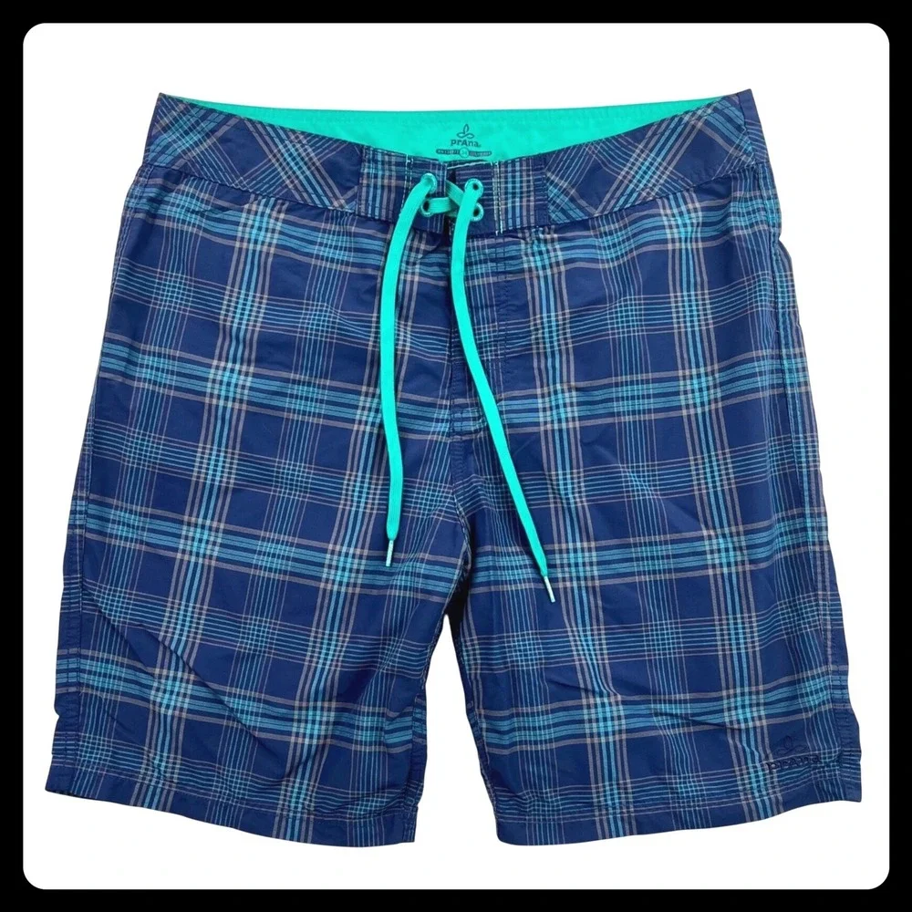 PrAna Swim Trunks Board Shorts‎ Men 34 Blue Teal Plaid Hike UPF 50+ Unlined   9